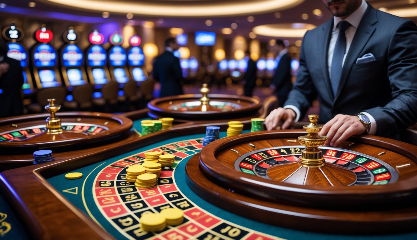 Seorang pemain berjudi di meja roulette dengan beberapa roda roulette berputar di kasino mewah.