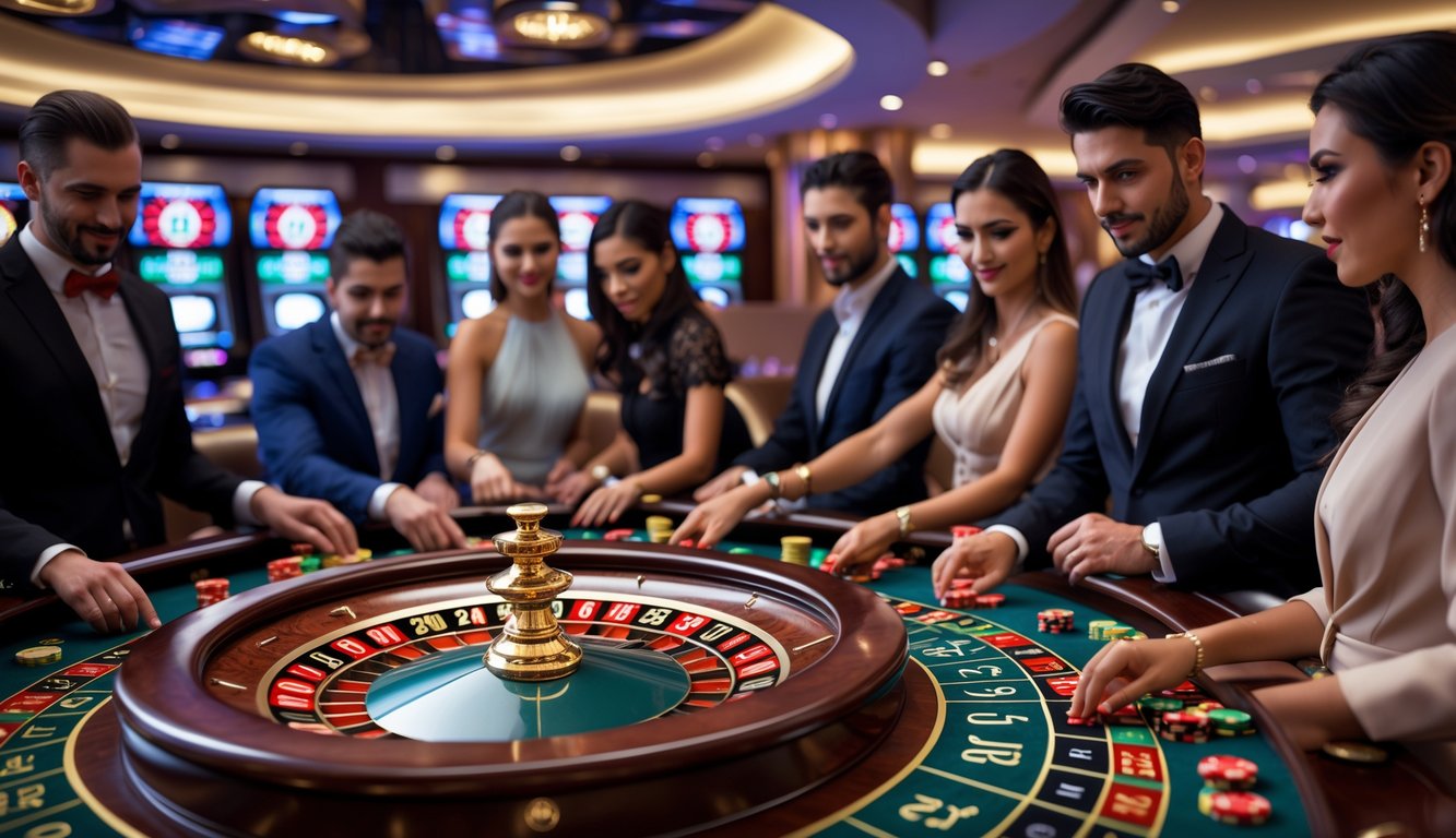Meja kasino dengan beberapa roda roulette berputar dan pemain yang sedang memasang taruhan.