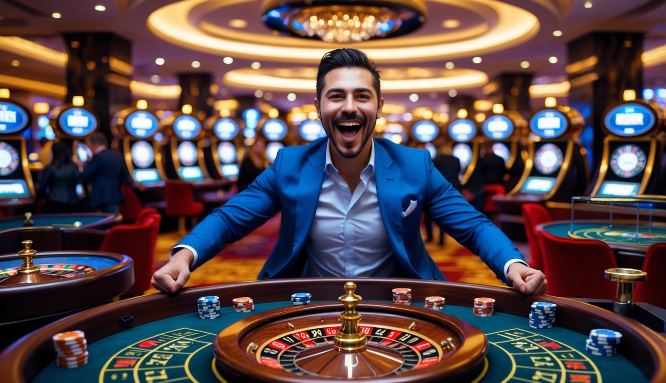 Seorang pria bahagia merayakan kemenangan di meja roulette dengan beberapa roda di kasino mewah.