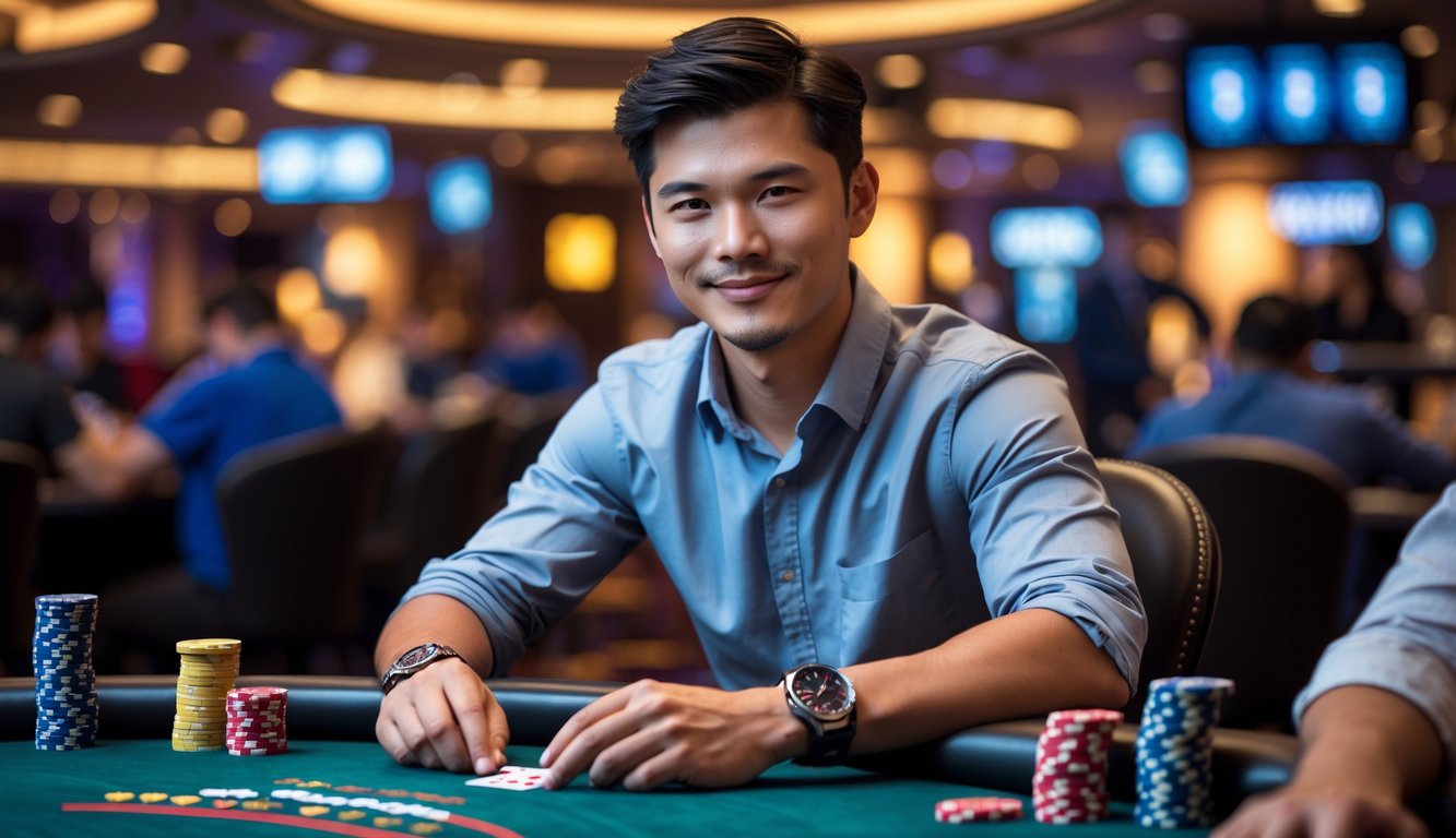 Seorang pria muda duduk di meja poker dengan kartu dan tumpukan chip, tampak fokus dan percaya diri di dalam kasino.