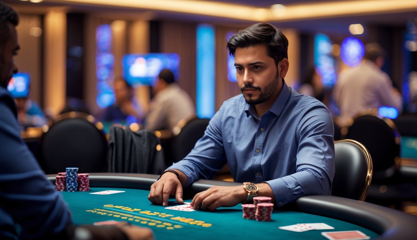 Seorang pria duduk di meja poker di kasino, fokus bermain judi Sit & Go dengan kartu dan chip di depannya.