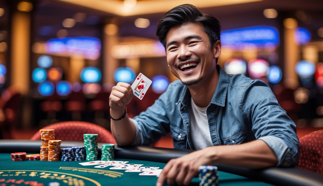 Seorang pria muda sedang merayakan kemenangan judi poker dengan ekspresi senang di meja kasino.