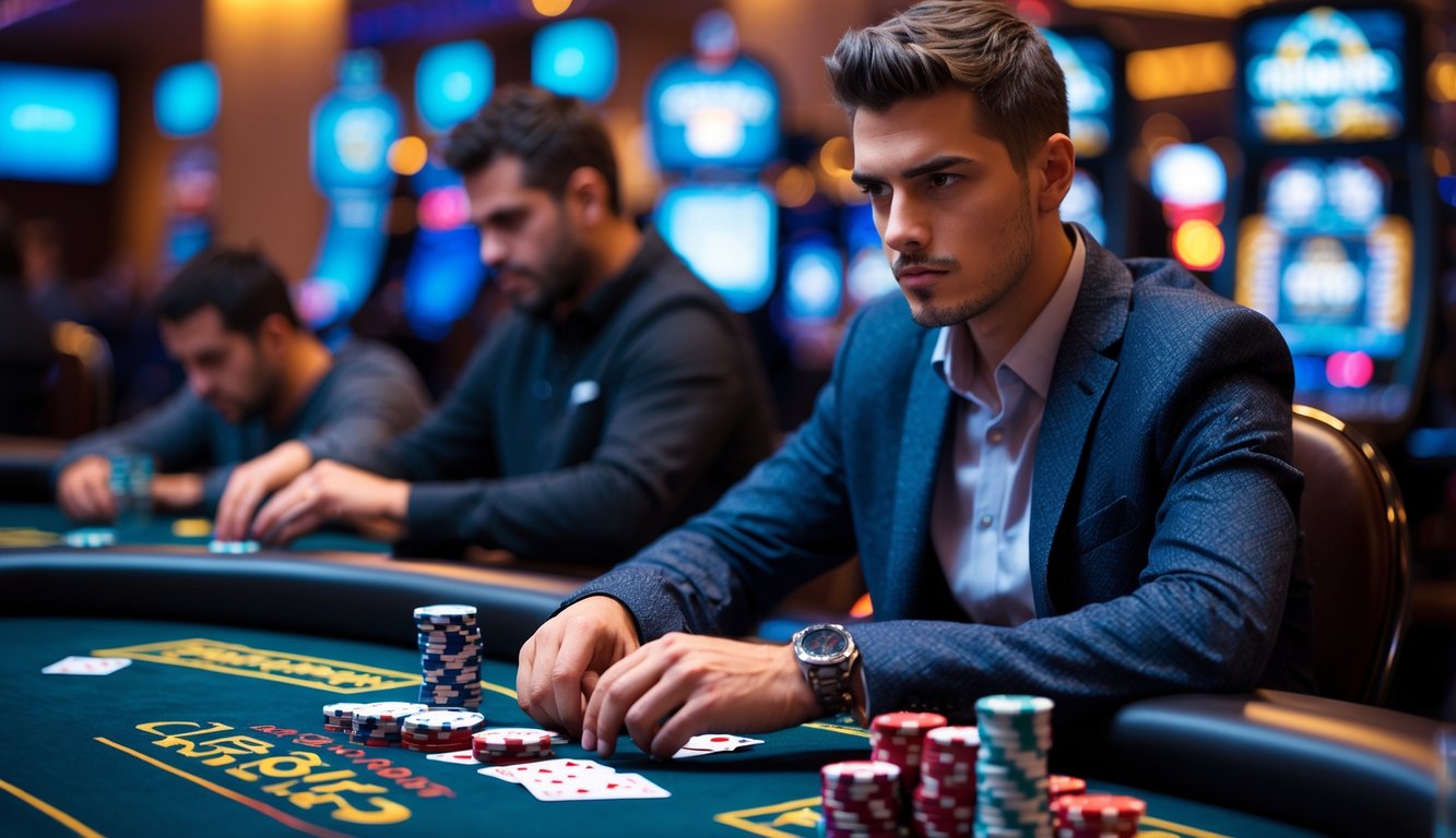 Seorang pria muda duduk di meja poker dengan tumpukan chip dan kartu, fokus bermain dalam suasana kasino.