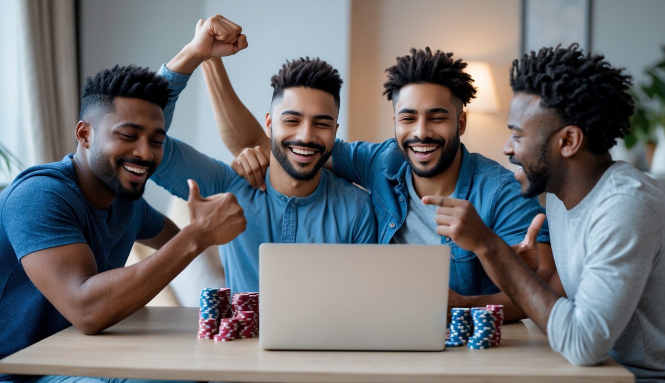 Sekelompok pria merayakan kemenangan dalam permainan judi online di depan laptop di sebuah ruangan yang nyaman.
