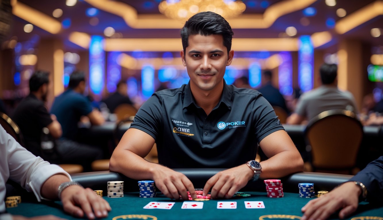 Seorang pemain poker pria duduk di meja kasino dengan tumpukan chip dan kartu, fokus bermain dalam suasana kasino yang mewah.