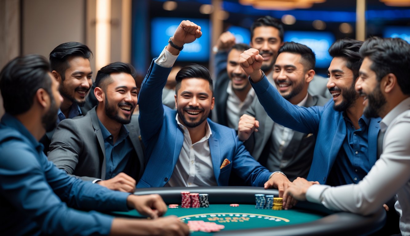 Sekelompok pria merayakan kemenangan mereka dalam turnamen poker Sit & Go di sebuah ruangan poker yang modern.