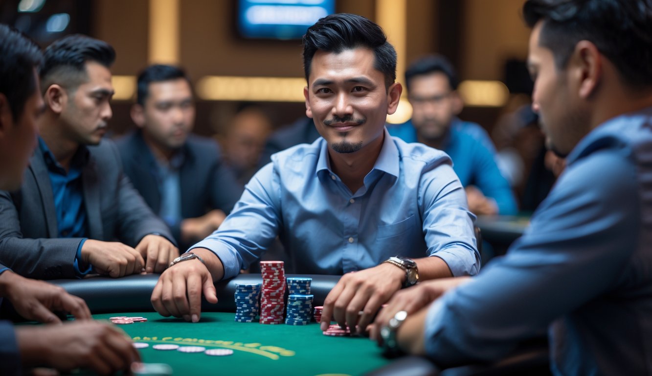 Seorang pria sedang duduk di meja poker dengan ekspresi percaya diri dan pemain lain terlihat serius dan ragu-ragu.