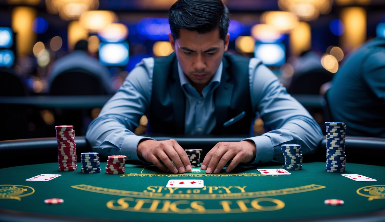 Seorang pemain poker serius duduk di meja hijau dengan kartu dan chip, fokus bermain dalam suasana kasino.