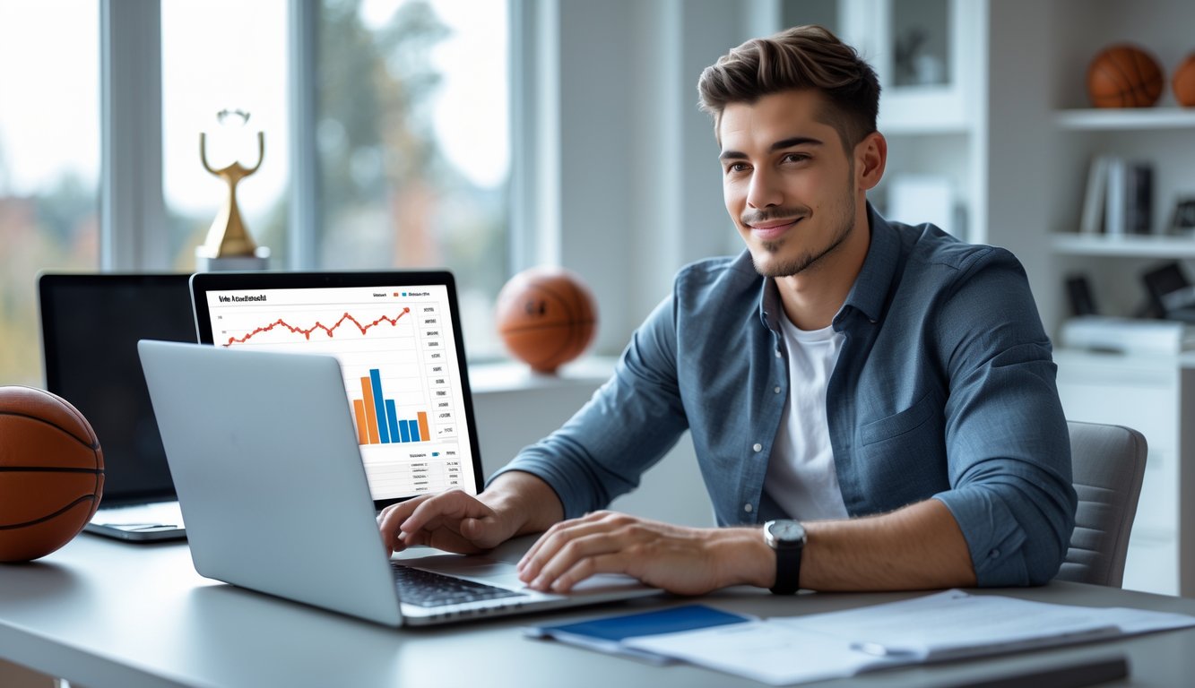 Seorang pria muda duduk di meja dengan laptop, menganalisis data taruhan olahraga basket di ruangan yang terang dan rapi.