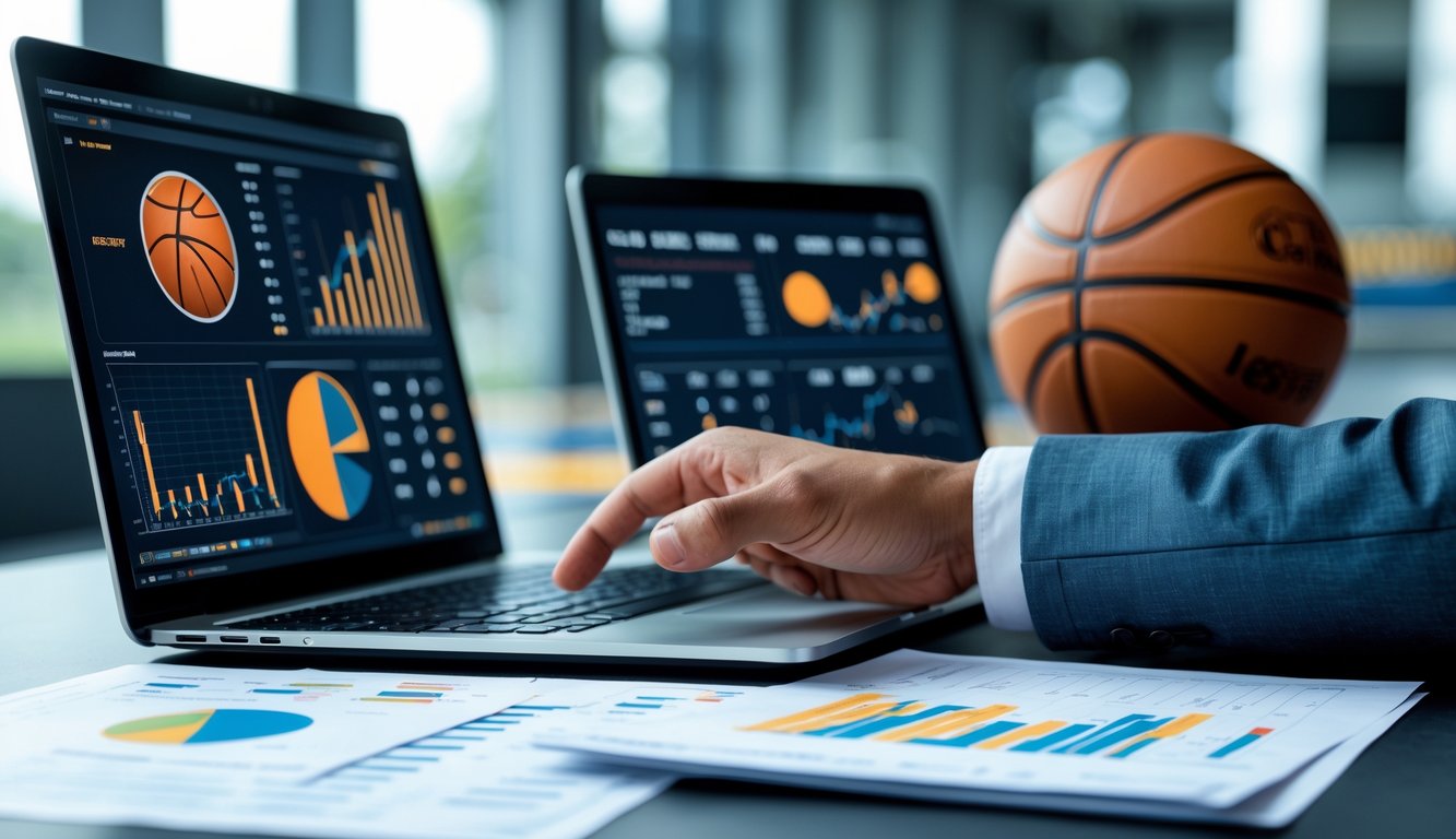 Seseorang sedang menganalisis statistik taruhan olahraga basket di depan laptop dengan grafik dan catatan di meja.