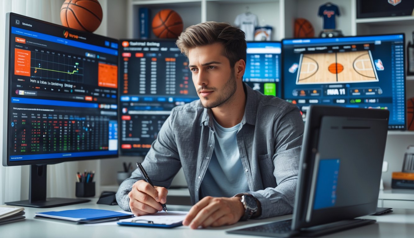 Seorang pria muda sedang menganalisis strategi taruhan bola basket di sebuah kantor rumah yang terang dan rapi.