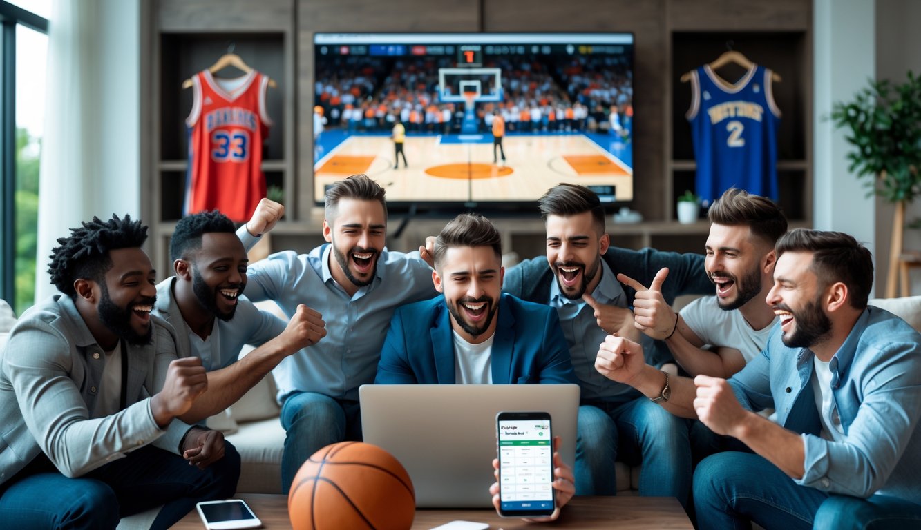 Sekelompok pria merayakan kemenangan taruhan olahraga basket di ruang tamu dengan TV dan perangkat elektronik.