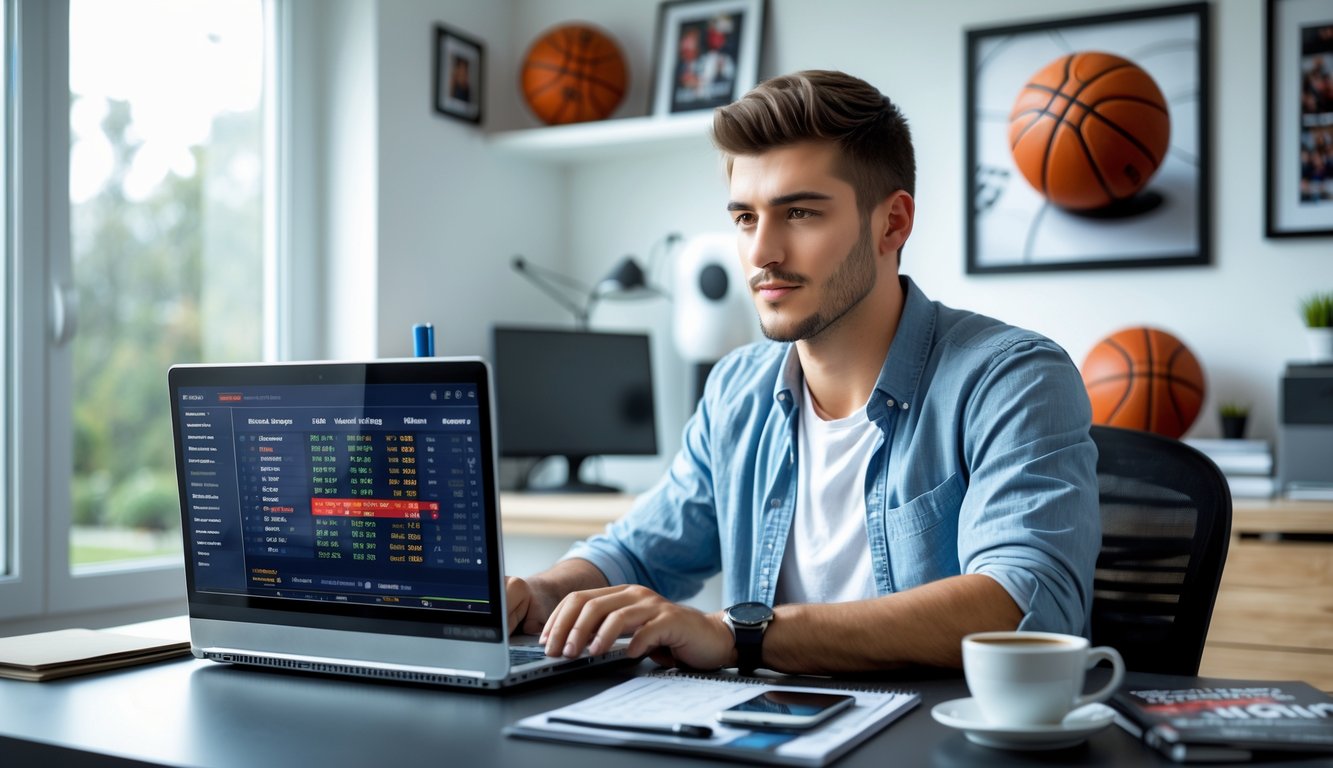 Seorang pria muda duduk di meja dengan laptop, menganalisis statistik dan peluang taruhan bola basket di ruang kerja rumah yang terang.