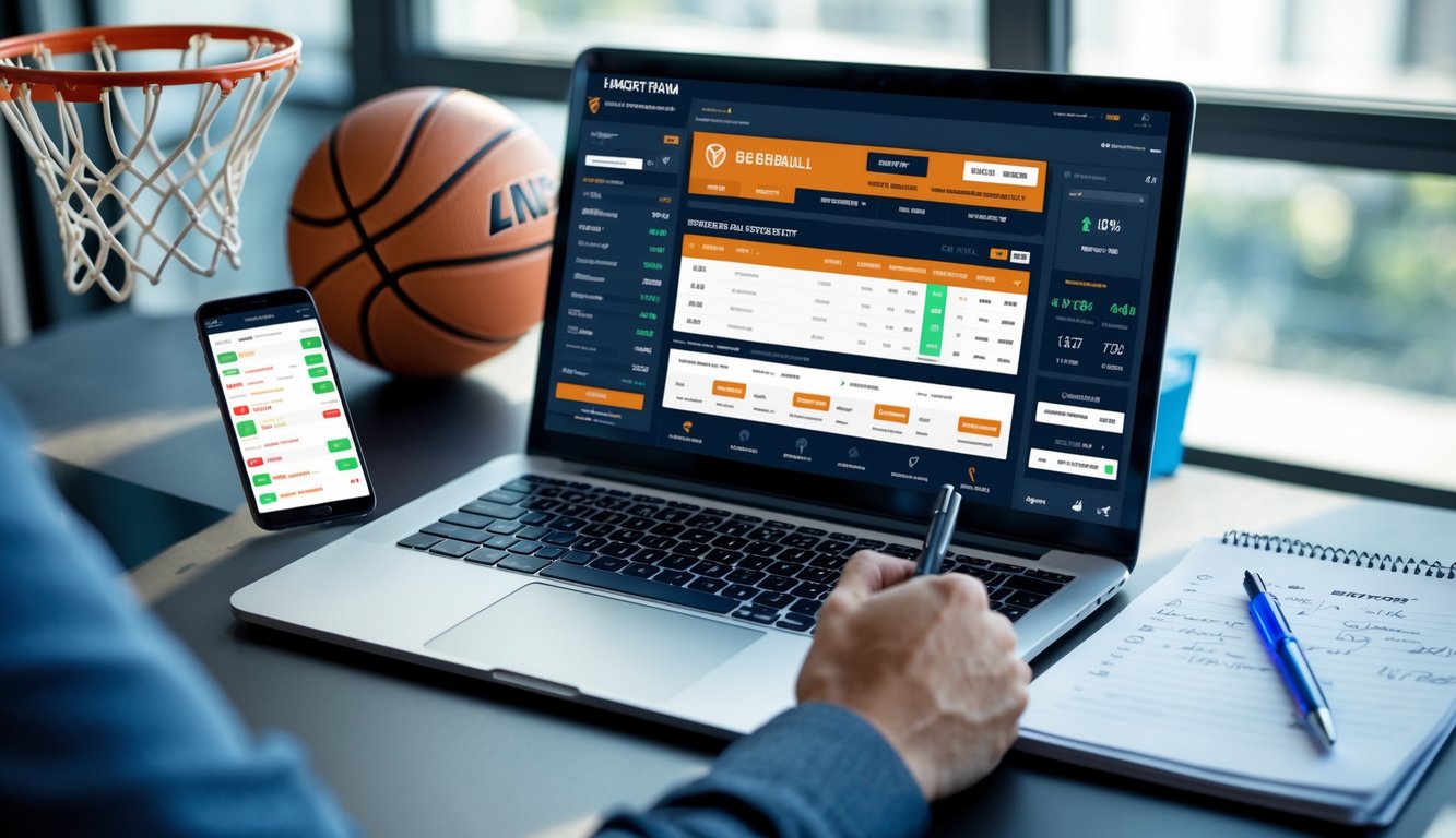 Meja kerja dengan laptop dan ponsel yang menampilkan situs taruhan bola basket online, bola basket dan ring basket di latar belakang.