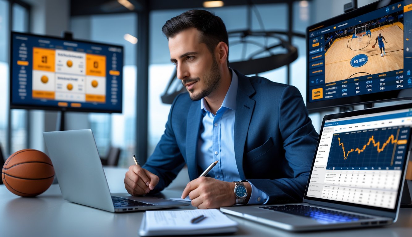 Seorang pria sedang menganalisis statistik pertandingan basket di depan beberapa layar komputer di sebuah kantor modern.