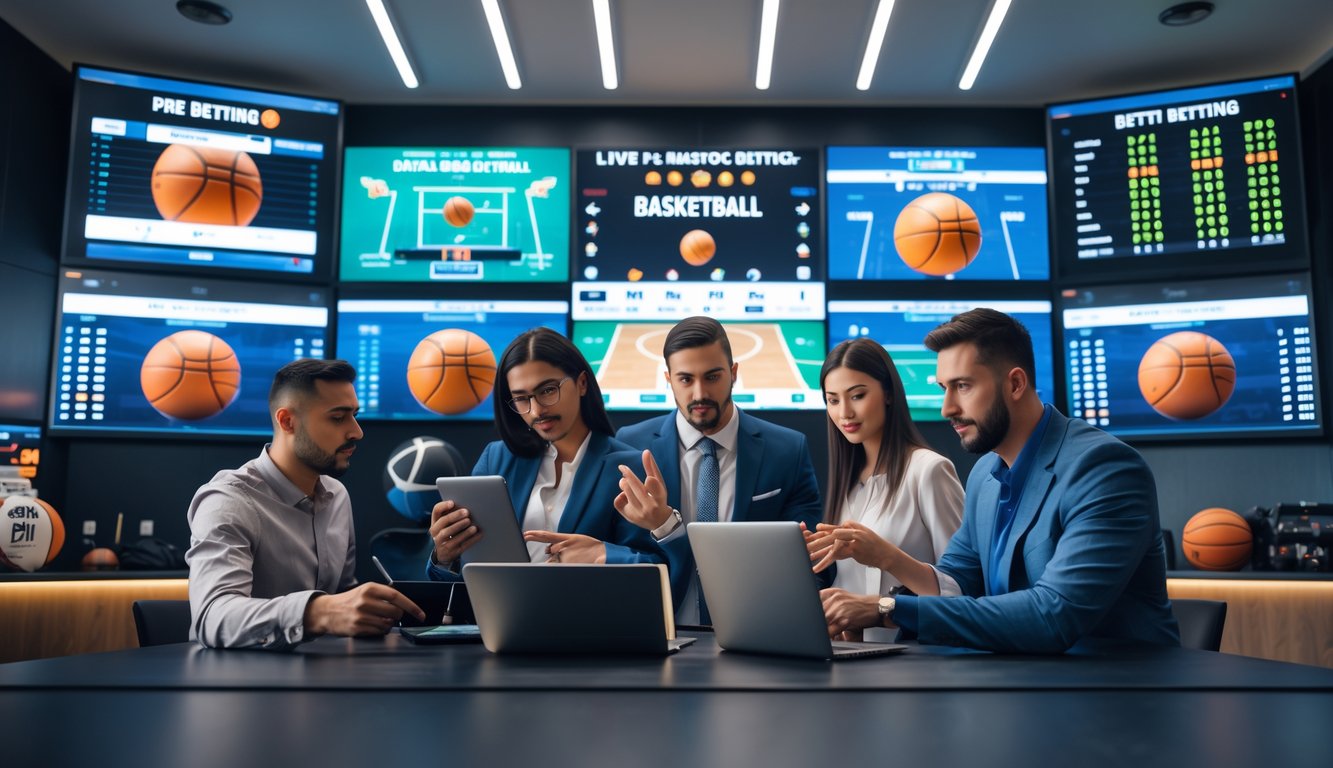 Sekelompok orang sedang menganalisis pertandingan basket dan statistik taruhan di layar besar dalam ruangan modern.