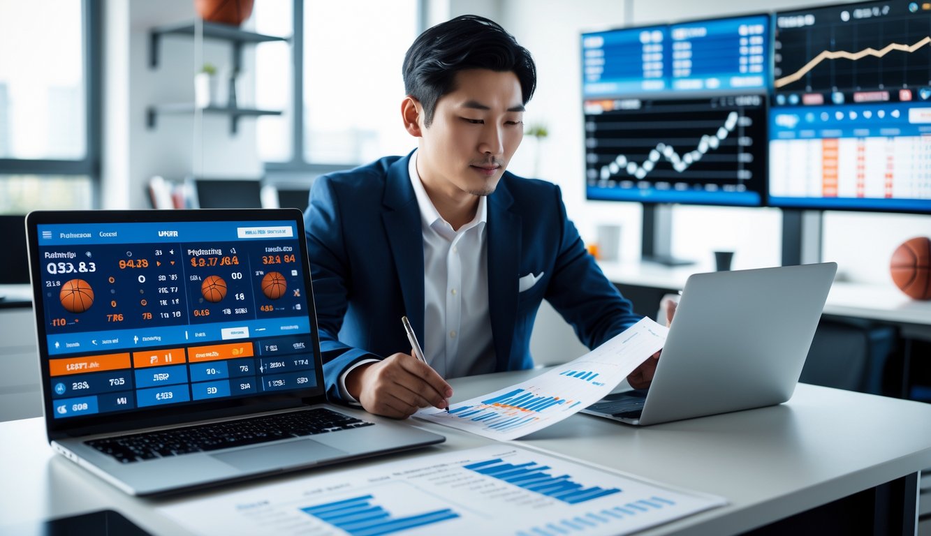 Seorang pria Asia sedang menganalisis peluang dan statistik taruhan olahraga basket di meja dengan perangkat digital dan grafik.