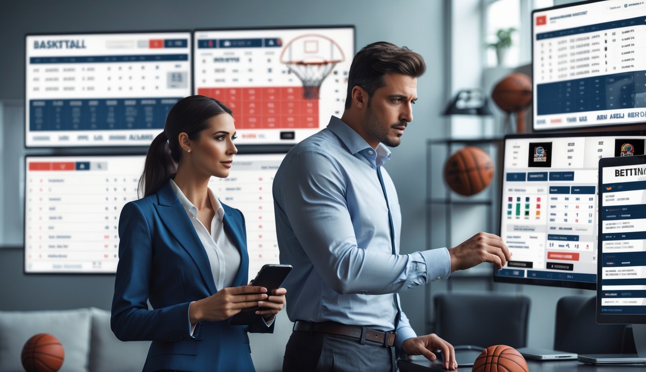 Dua orang dewasa muda sedang menganalisis data taruhan olahraga basket di depan layar digital di sebuah kantor modern.