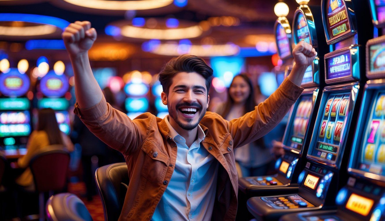 Seorang pria muda sedang merayakan kemenangan besar di mesin slot di dalam kasino.