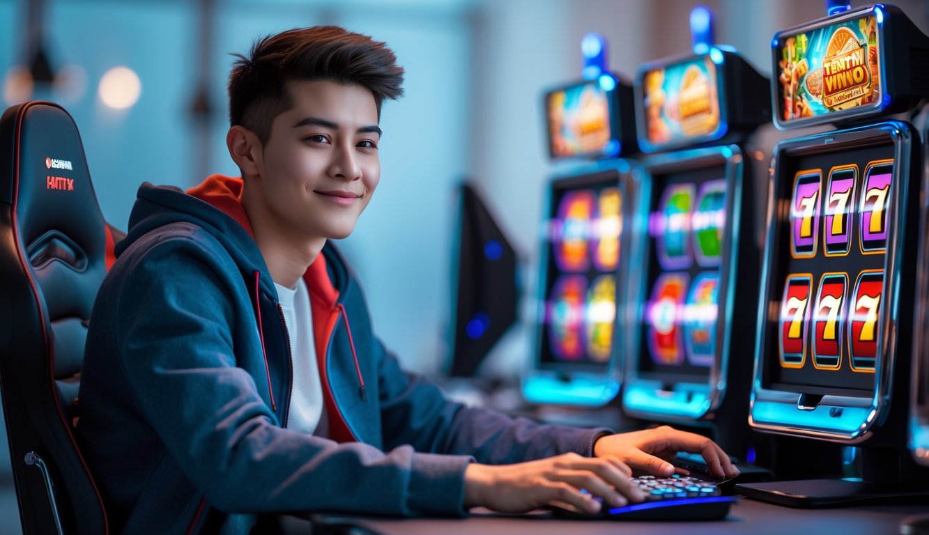 Seorang dewasa muda duduk di depan beberapa layar mesin slot dengan ekspresi fokus dan senang dalam ruangan yang terang dan rapi.