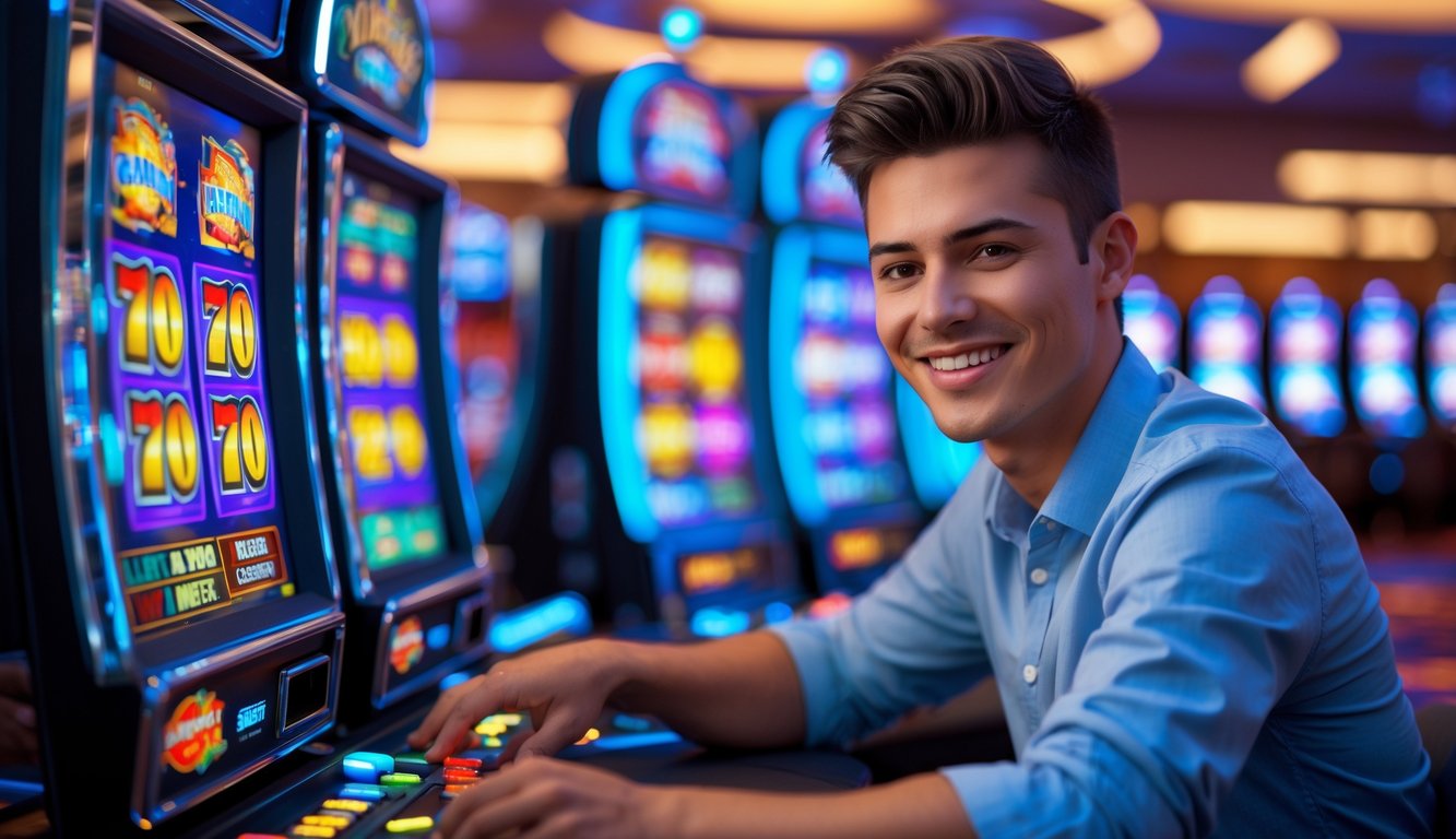 Seorang dewasa muda tersenyum percaya diri duduk di depan mesin slot dengan layar warna-warni di suasana kasino modern.