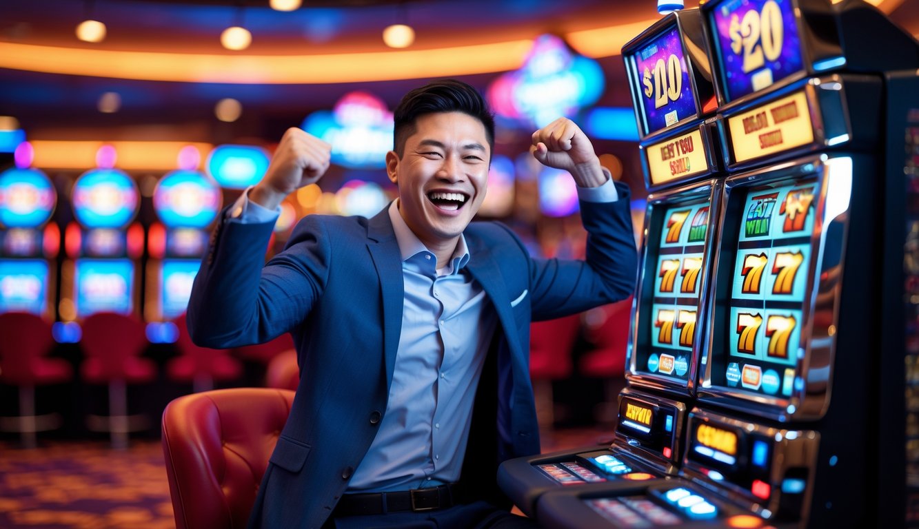 Seorang pria muda Asia Tenggara tersenyum gembira sambil merayakan kemenangan besar di mesin slot di dalam kasino.