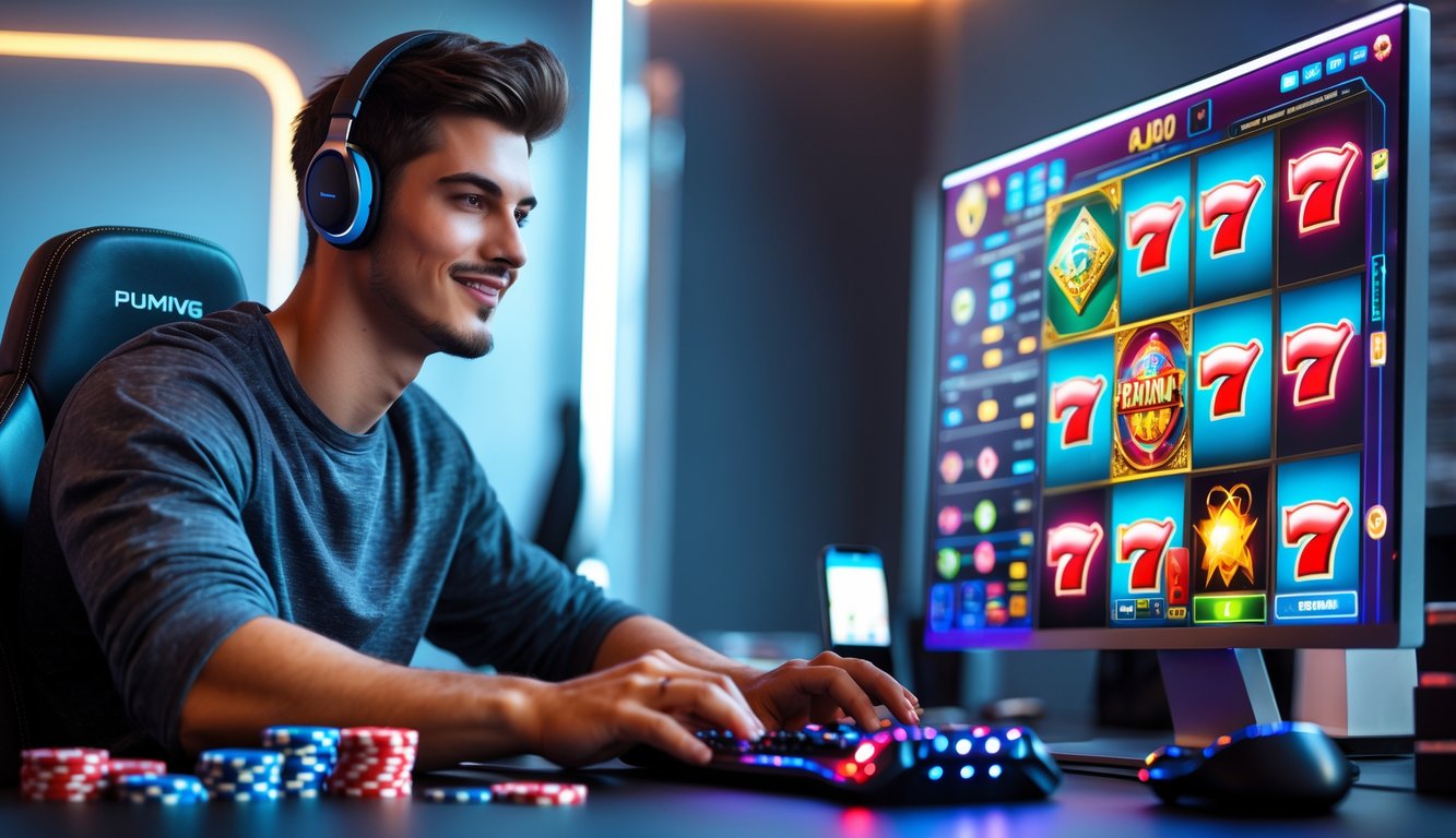 Seorang pria muda duduk di depan komputer dengan layar menampilkan permainan slot warna-warni, di ruangan modern dengan pencahayaan lembut.
