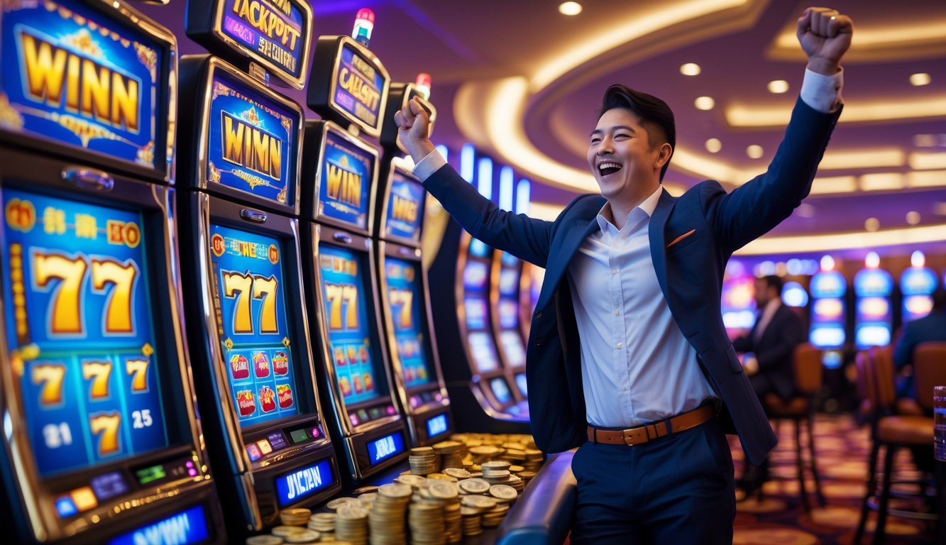 Seseorang sedang merayakan kemenangan besar di mesin slot di dalam kasino yang ramai dan berwarna-warni.