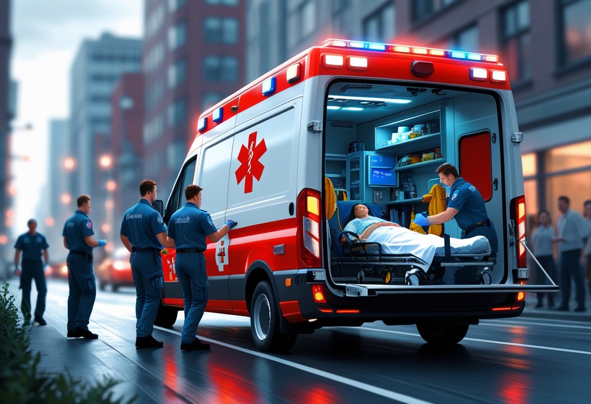 Ambulância Emergência Médica: Como Funcionam os Serviços de Atendimento Urgente no Brasil 1 Uma ambulância com luzes de emergência ligadas, paramédicos atendendo um paciente em uma maca na rua.