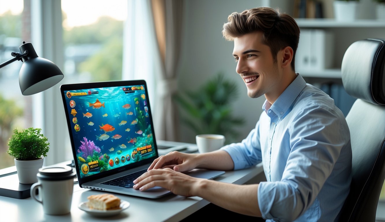 Seorang pria muda duduk di depan laptop di ruang kerja rumah, bermain permainan judi tembak ikan dengan ekspresi fokus dan senang.