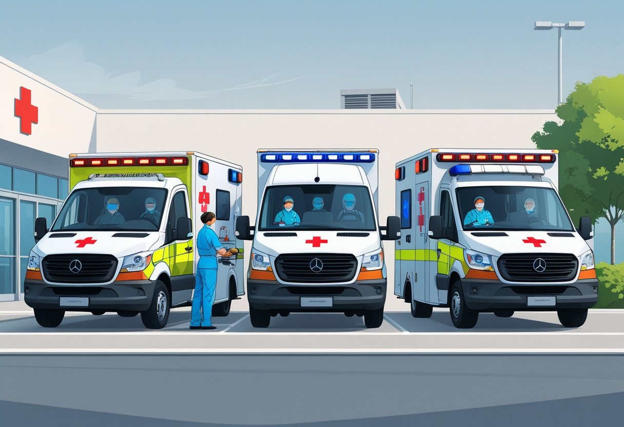 Ambulância Emergência Médica: Como Funcionam os Serviços de Atendimento Urgente no Brasil 2 Três tipos diferentes de ambulâncias alinhadas, cada uma mostrando equipamentos e profissionais médicos em ação, em frente a um hospital.