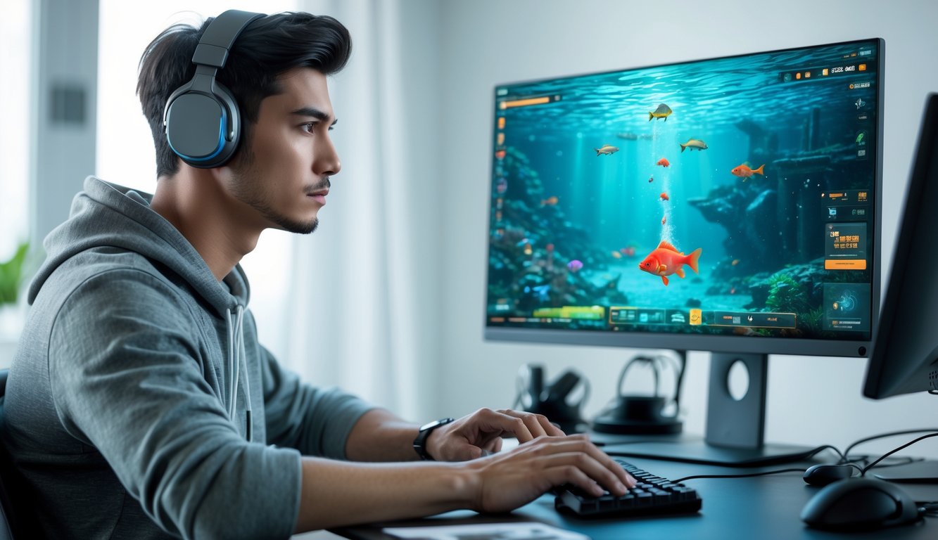 Seorang pria muda duduk di meja dengan komputer yang menampilkan permainan ikan online, tampak fokus dan serius.