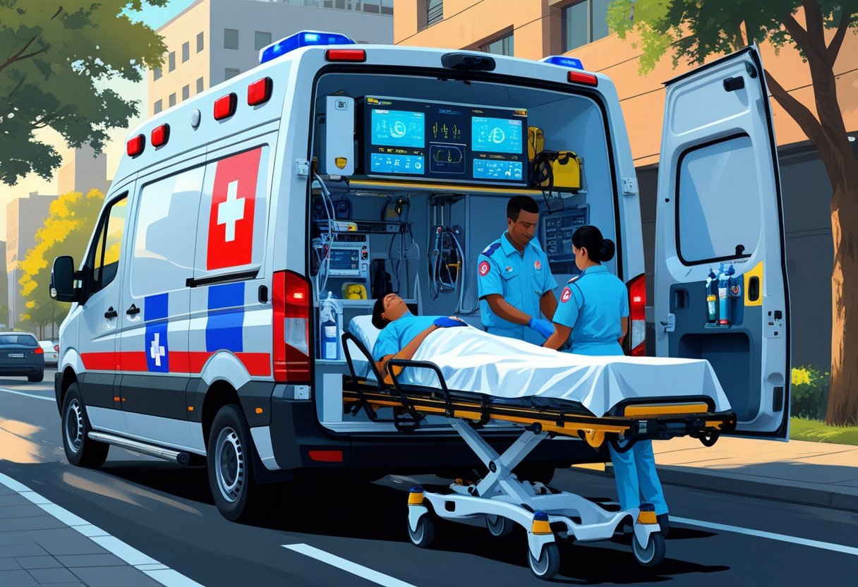 Ambulância semi UTI com portas traseiras abertas mostrando equipamentos médicos e paramédicos cuidando de um paciente em uma rua da cidade.