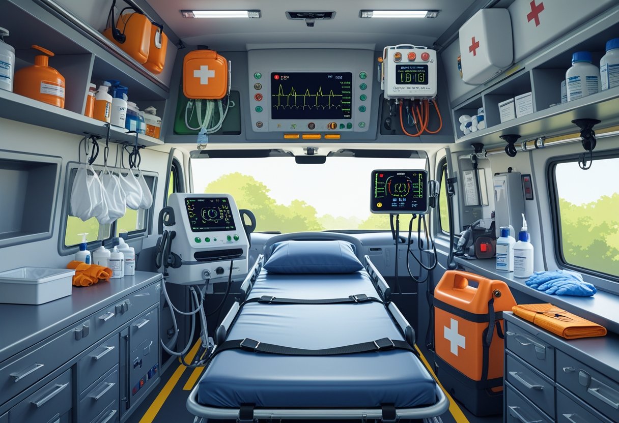 Interior de uma ambulância semi UTI mostrando equipamentos médicos essenciais organizados, como maca, ventilador portátil, monitor cardíaco, tanques de oxigênio, kit de medicamentos, dispositivos de sucção e desfibrilador.