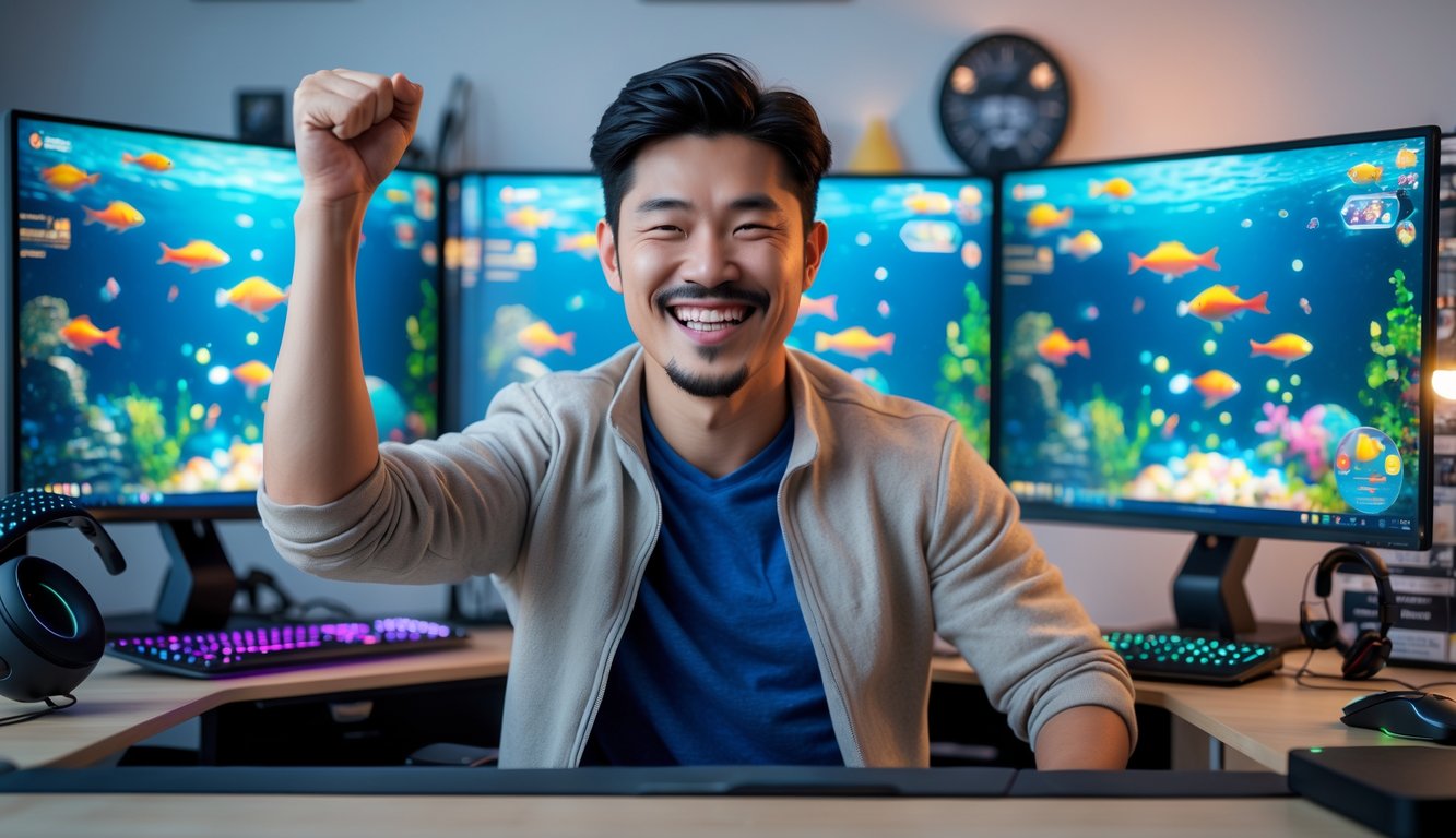 Seorang pria Asia tersenyum dan merayakan kemenangan saat bermain permainan tembak ikan di komputer di sebuah ruang kerja modern.