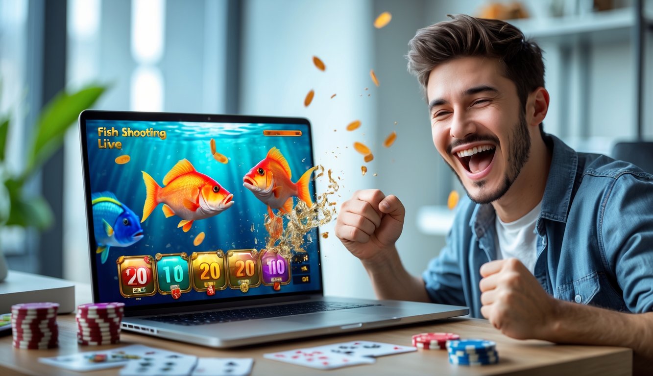 Seorang pria muda tampak gembira merayakan kemenangan saat bermain permainan tembak ikan di laptop di sebuah ruangan modern.