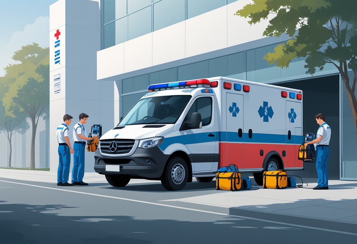 Uma ambulância moderna estacionada em frente a um prédio corporativo, com paramédicos uniformizados preparando equipamentos médicos ao lado da ambulância.
