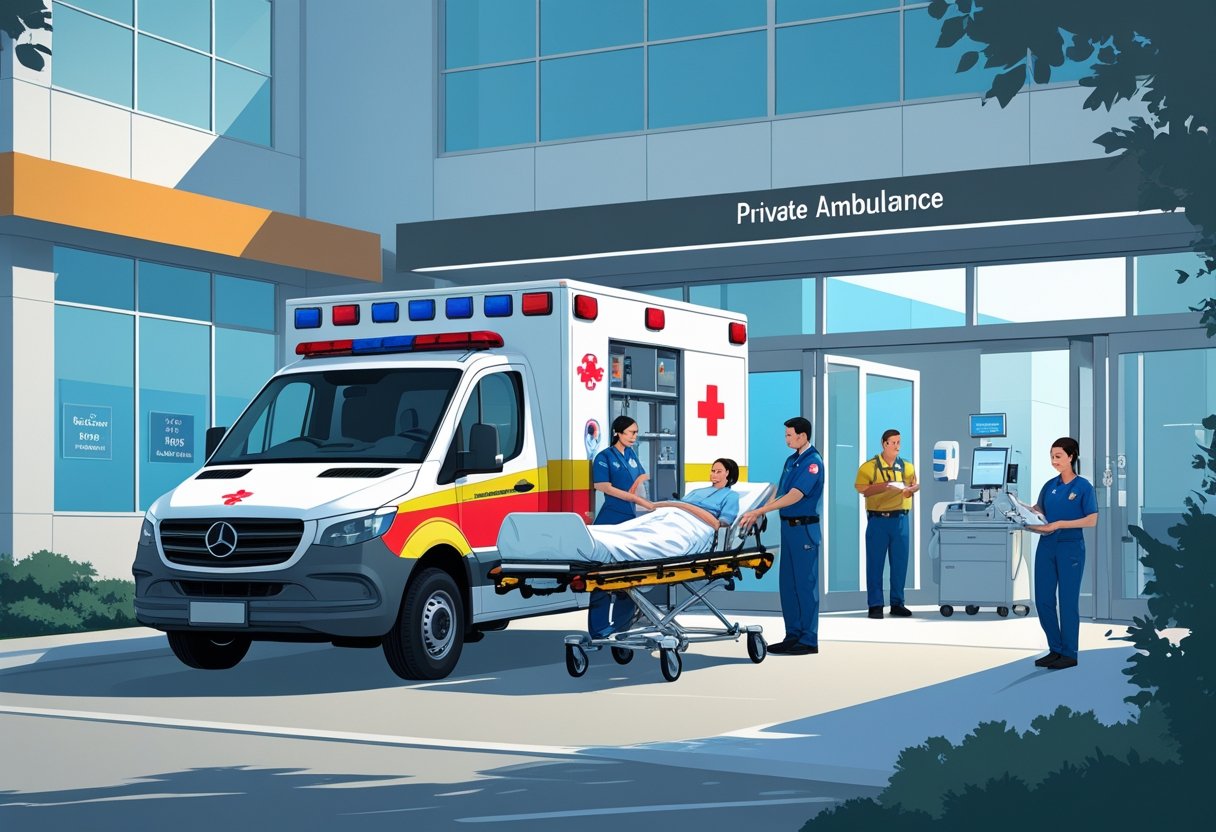 Ambulância particular estacionada em frente a um hospital, com paramédicos ajudando um paciente em uma maca, e equipe médica coordenando o atendimento.
