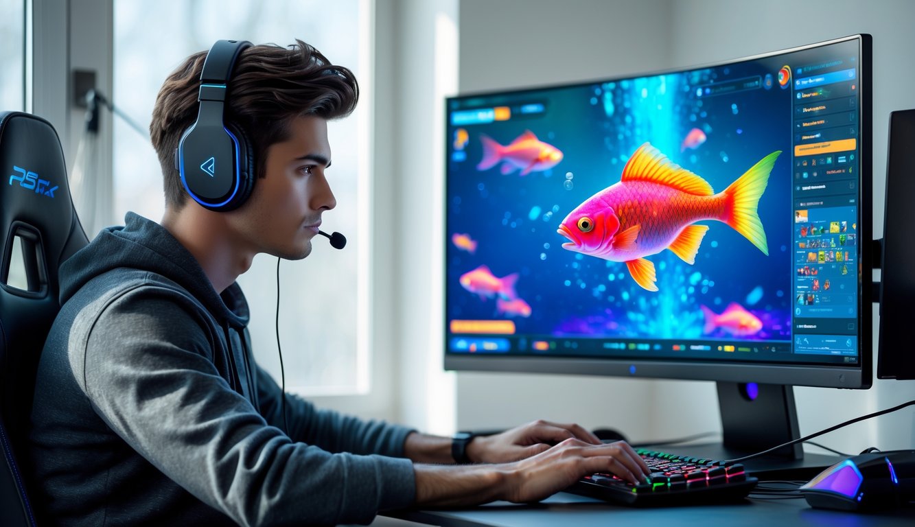 Seorang pria muda fokus bermain permainan tembak ikan di komputer dengan latar ruang bermain yang rapi.