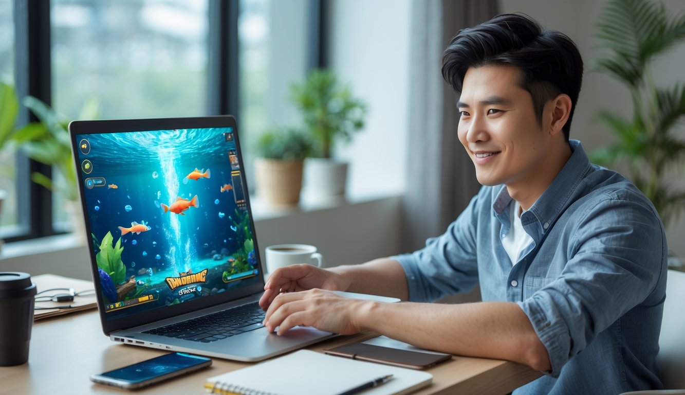 Seorang pria muda duduk di meja dengan laptop yang menampilkan permainan tembak ikan, terlihat fokus dan puas.