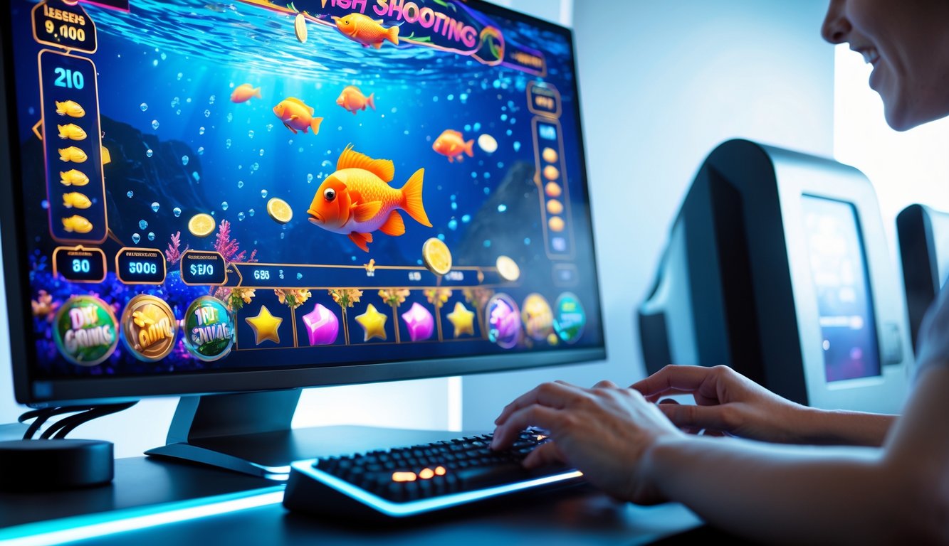 Seseorang sedang bermain game tembak ikan jackpot di komputer dengan tampilan grafis bawah laut yang berwarna-warni.