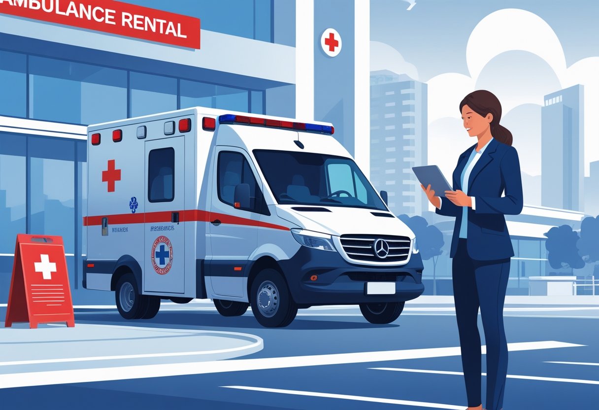 Ambulância estacionada em frente a uma unidade de saúde com um profissional de saúde explicando o serviço para um paciente.