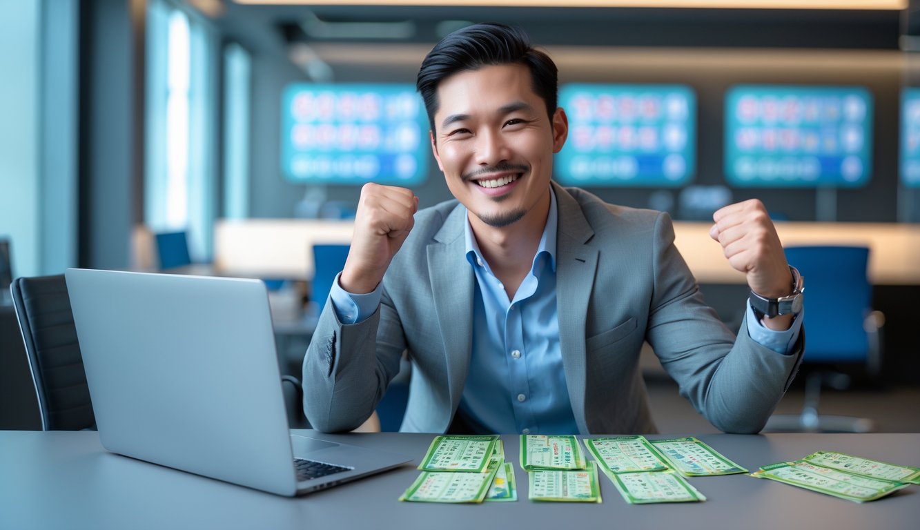 Seorang pria Asia Tenggara yang percaya diri merayakan kemenangan di meja dengan laptop dan tiket lotre di kantor modern.