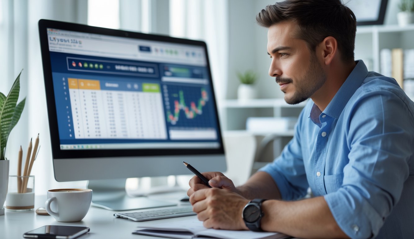 Seseorang sedang menganalisis data prediksi togel di depan komputer di ruang kerja yang rapi.