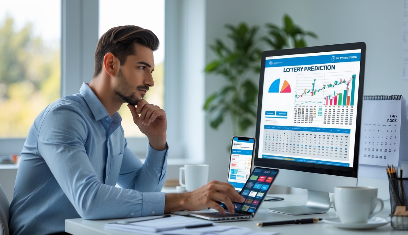 Seorang pria muda duduk di meja kerja dengan laptop dan ponsel, fokus menganalisis data prediksi togel di ruang kerja yang terang.