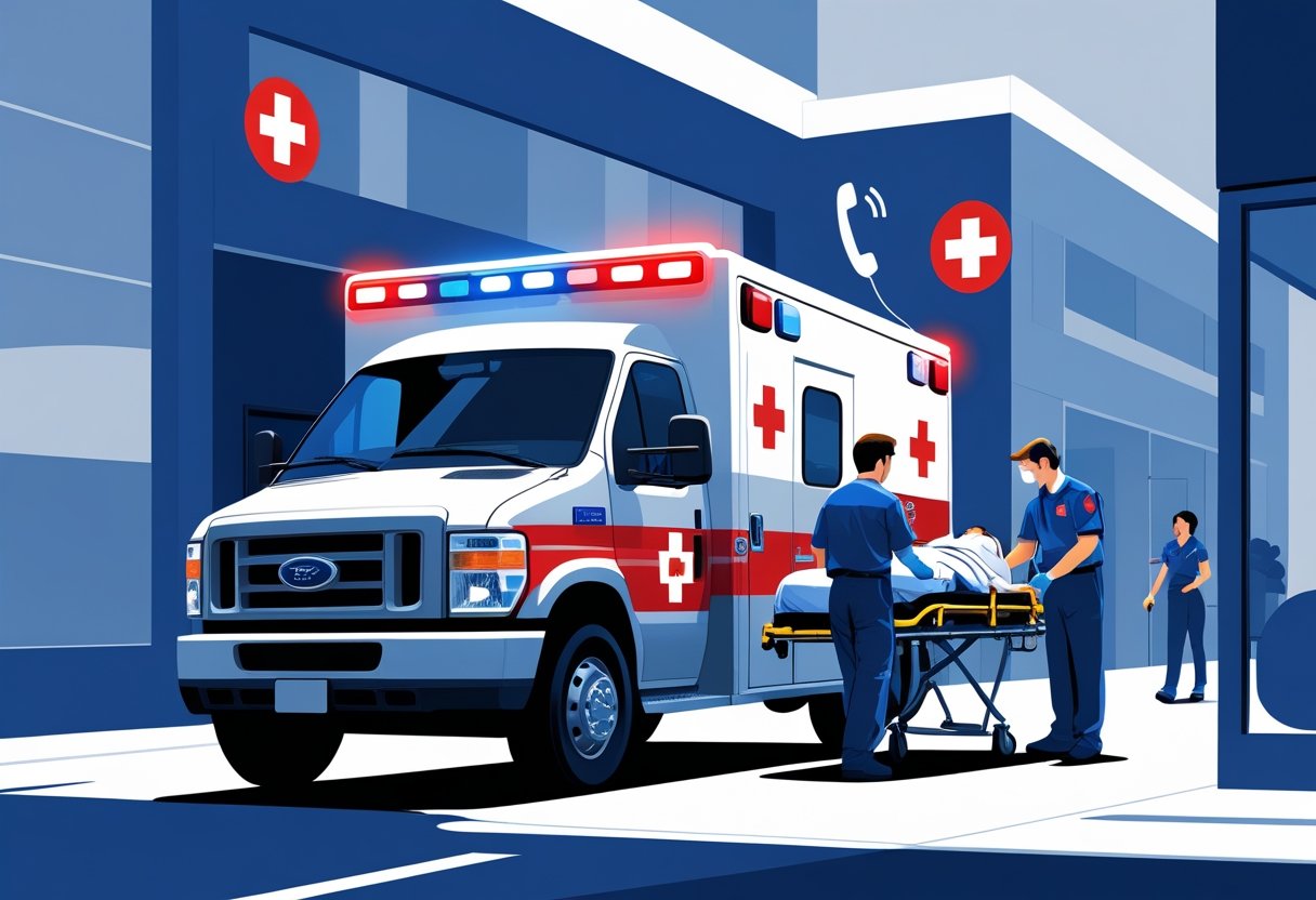 Ambulância com luzes de emergência acesas, paramédicos atendendo paciente em uma maca na rua, simbolizando serviço de emergência.