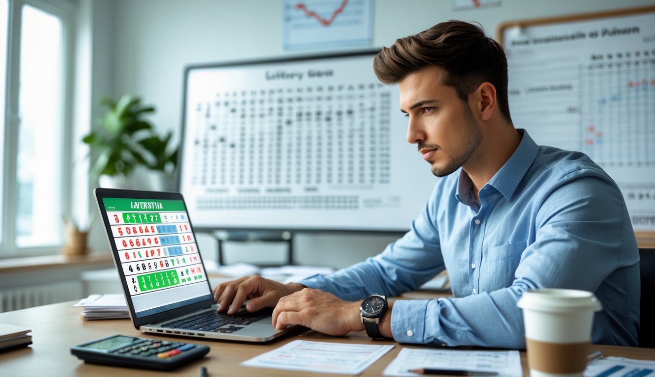 Seorang pria muda duduk di meja dengan laptop dan catatan, fokus mempelajari prediksi angka togel.