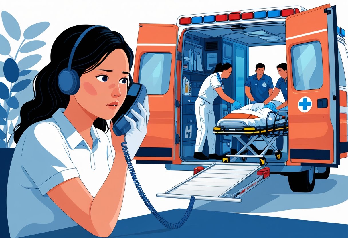 Pessoa fazendo uma ligação de emergência para a ambulância enquanto paramédicos preparam a ambulância para atendimento.