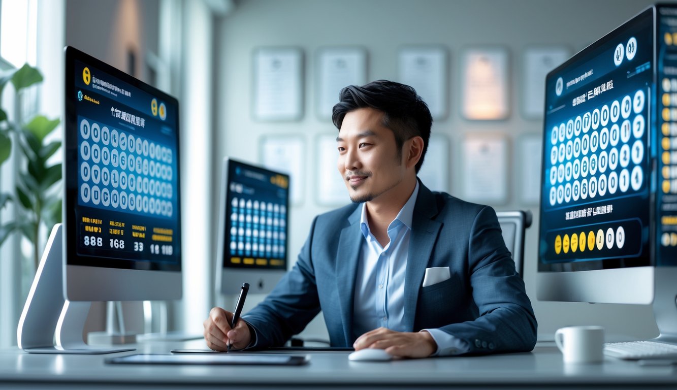 Seorang pria Asia duduk di meja kantor modern dengan beberapa layar komputer menampilkan grafik prediksi togel dan angka 3D, terlihat fokus dan percaya diri.