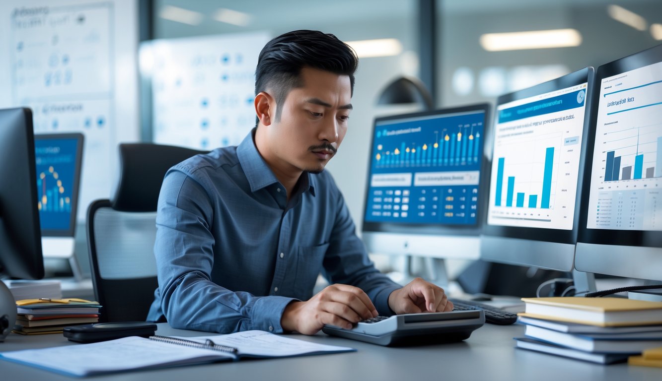 Seorang pria Indonesia sedang duduk di meja kerja dengan beberapa layar komputer yang menampilkan grafik dan angka, fokus menganalisis data prediksi togel 3D.